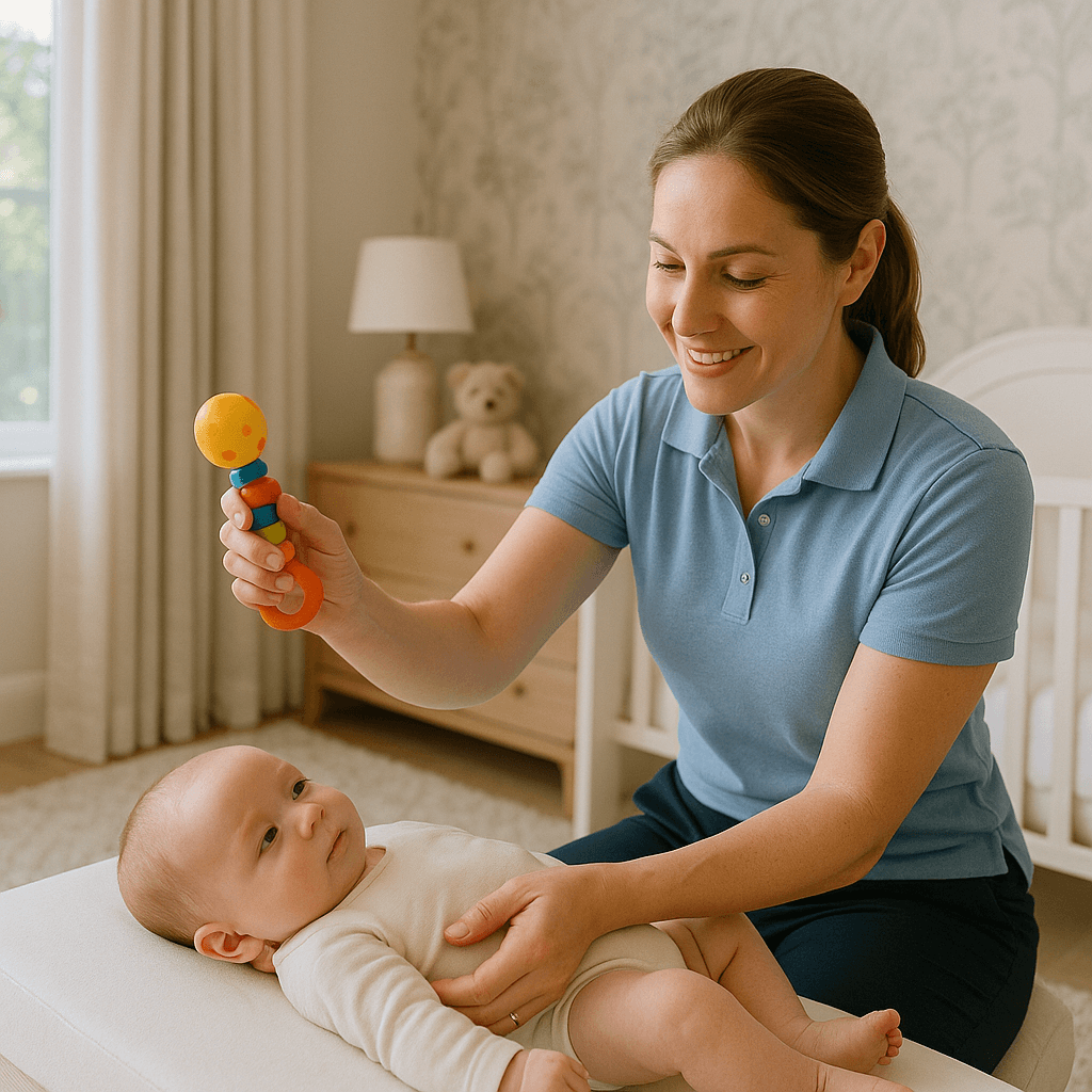 Child performing strength and coordination exercises with pediatric physical therapist in home setting.