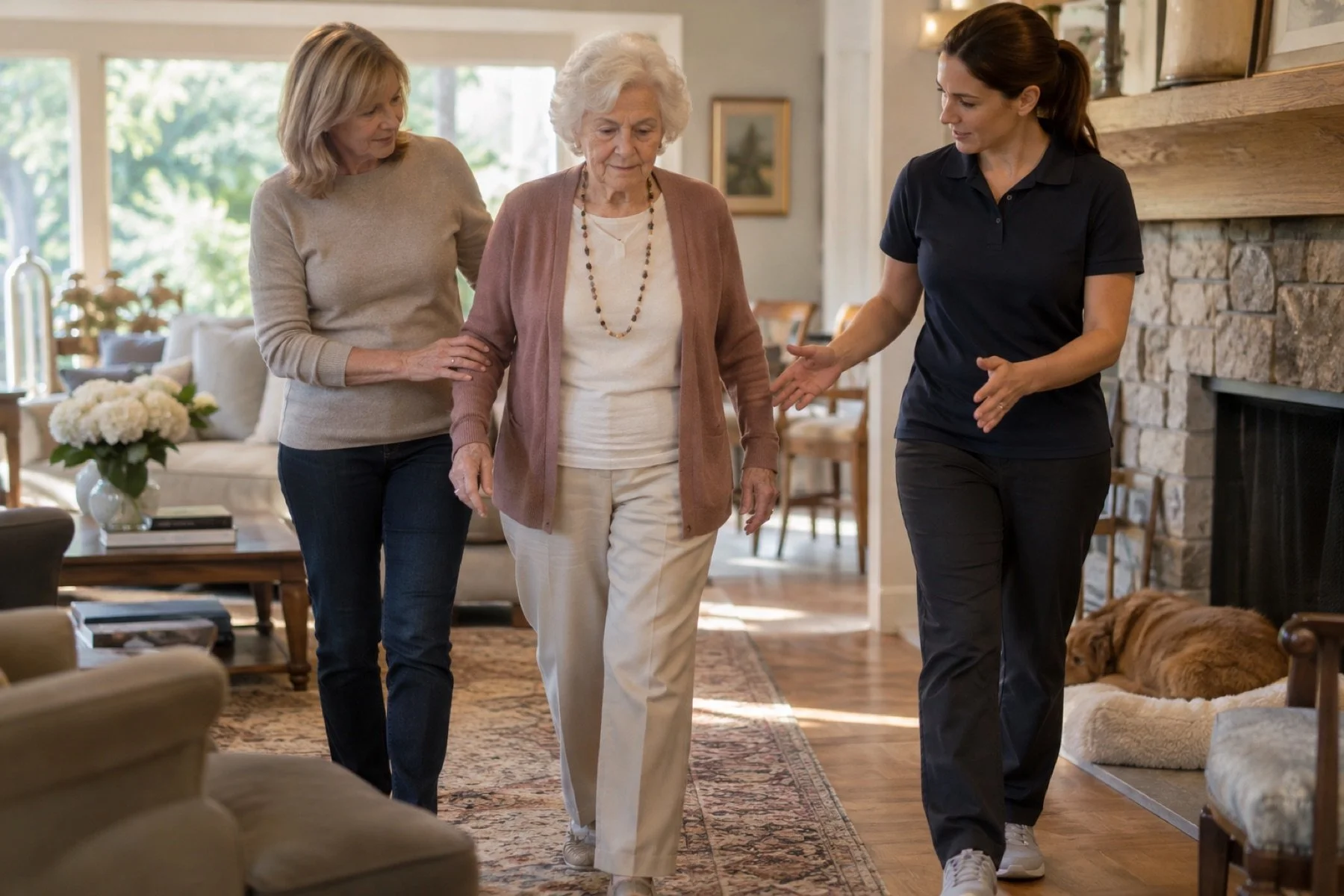 Older adult walking safely at home with family and physical therapy support in Naples.
