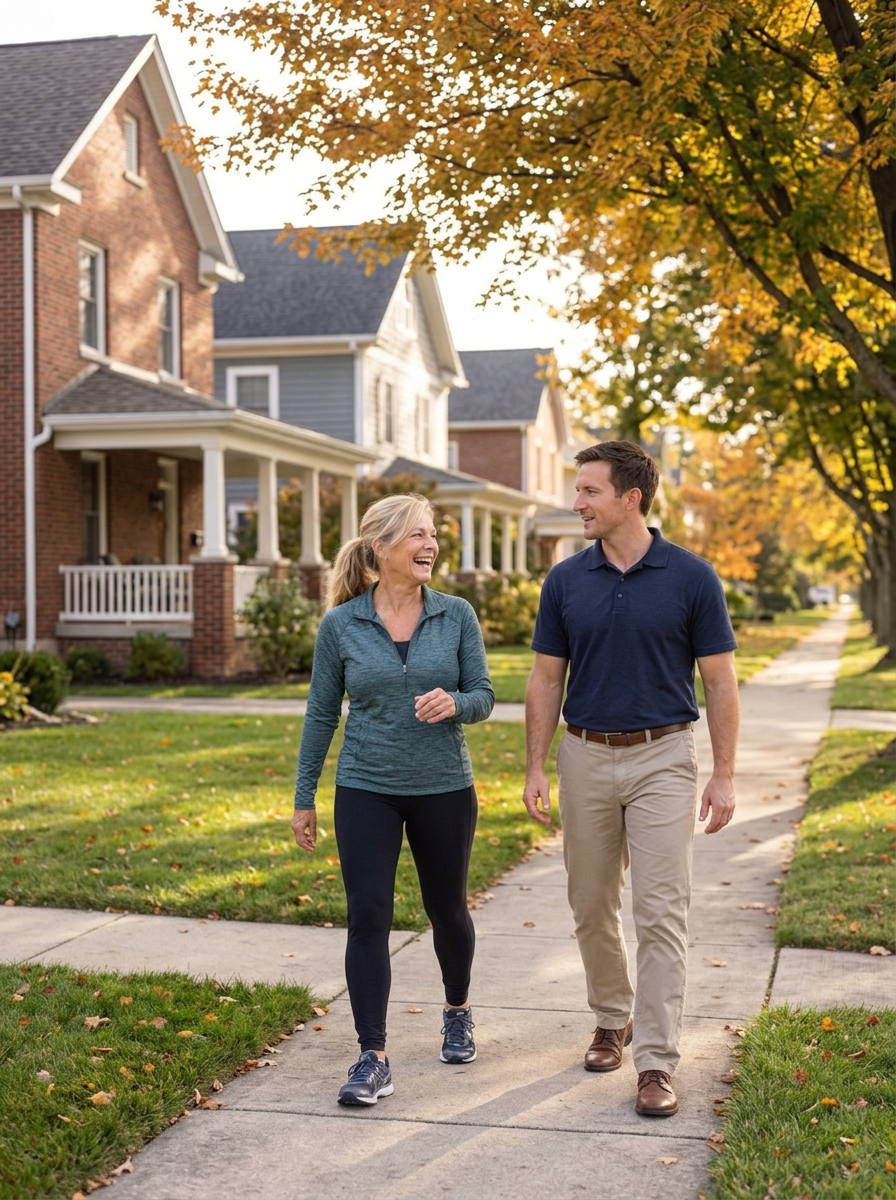 Physical therapist walking with an active woman on a tree-lined neighborhood sidewalk in the fall