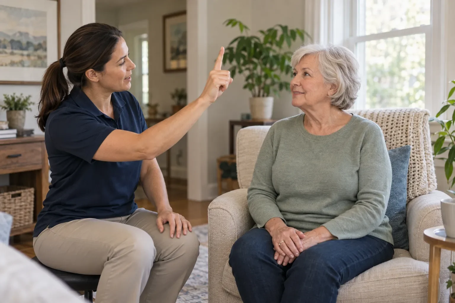 Physical therapist guiding an older adult through a calm eye-movement assessment at home.