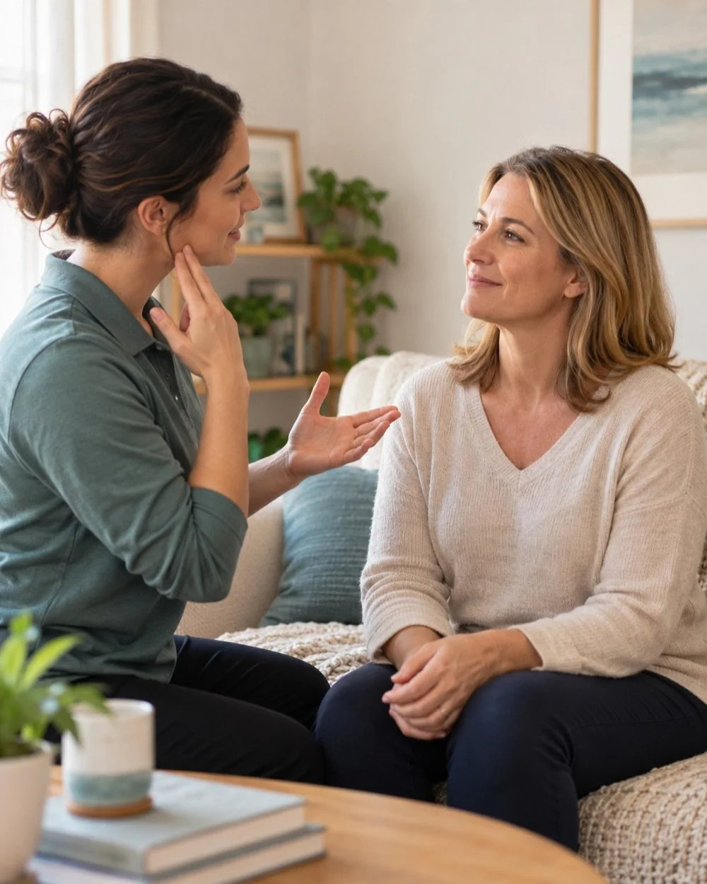 Physical therapist discussing gentle jaw and neck movement with an adult patient at home.
