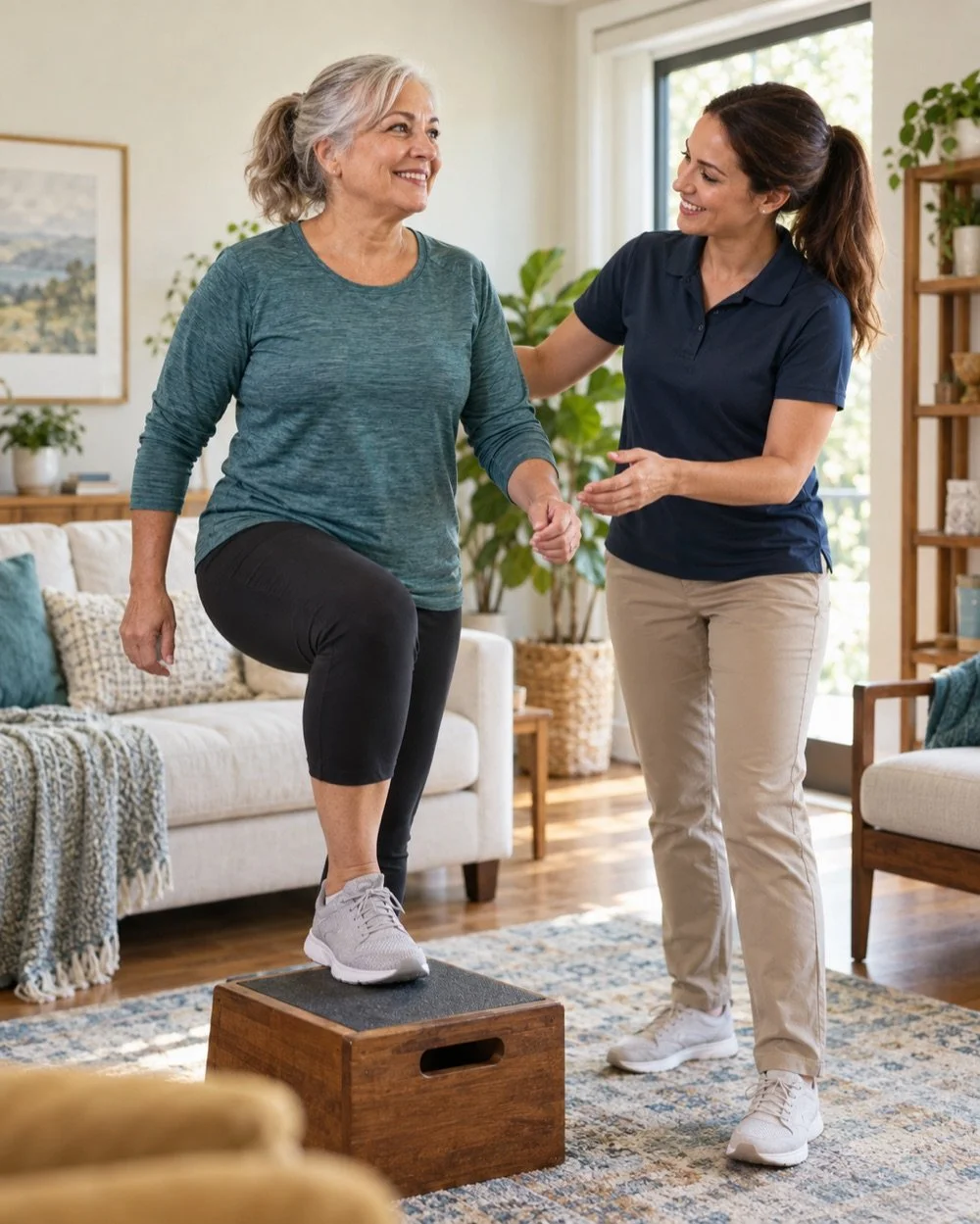 Adult patient practicing a step-up exercise with a physical therapist at home.