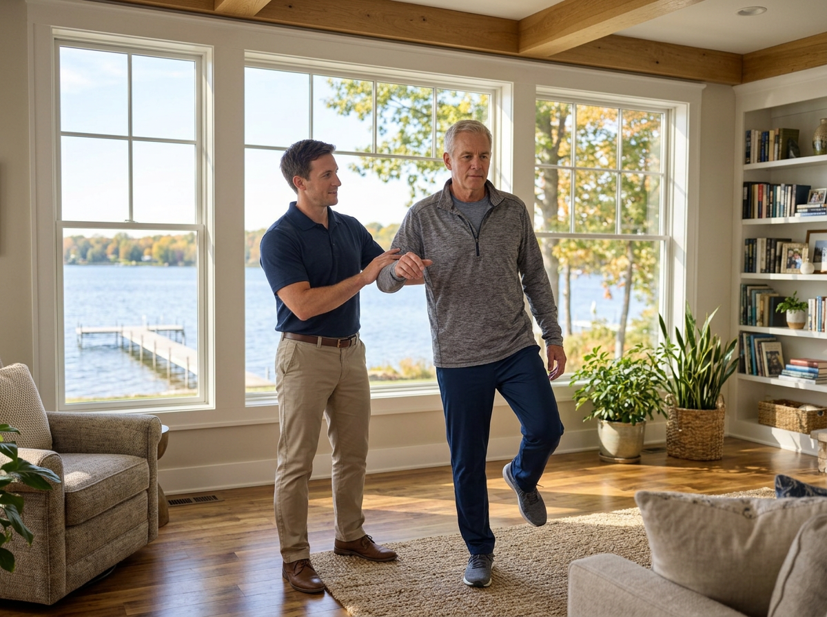Physical therapist guiding a man through a balance exercise in his southwest Michigan lake home