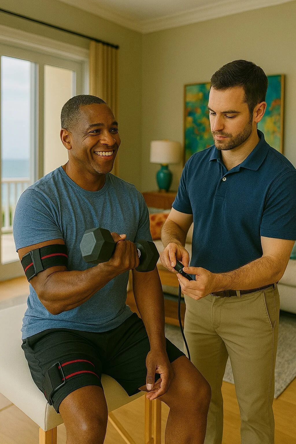 BFR physical therapy session using cuffs to enhance muscle recovery after surgery.