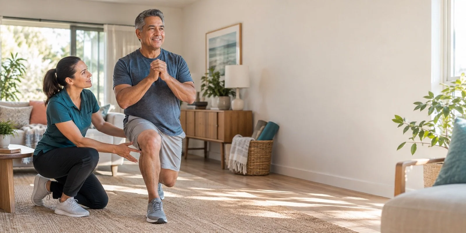Physical therapist supporting an adult patient during an in-home movement assessment.