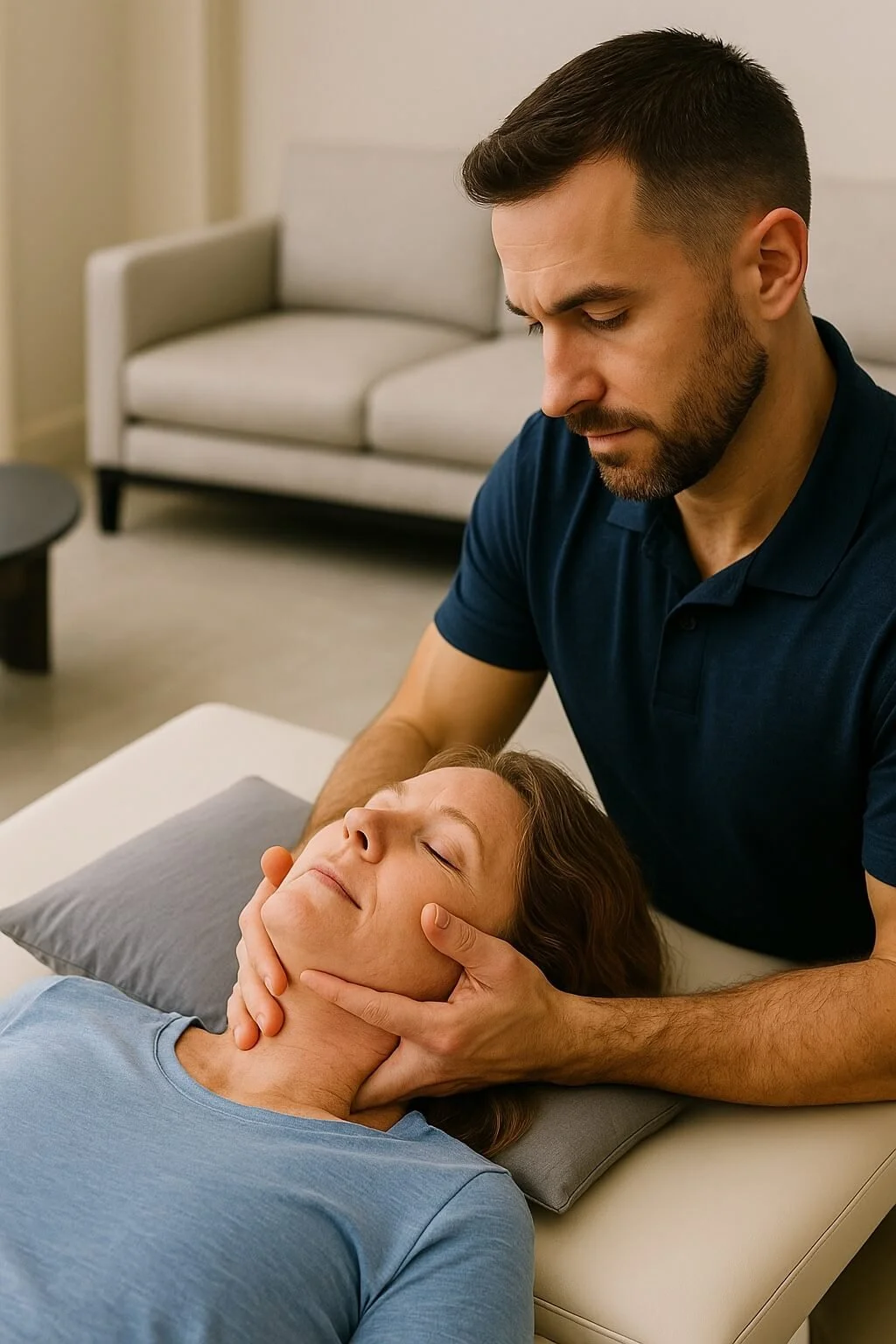 Manual therapy for TMD, neck tension, and chronic headaches performed by a concierge physical therapist in a patient’s home.