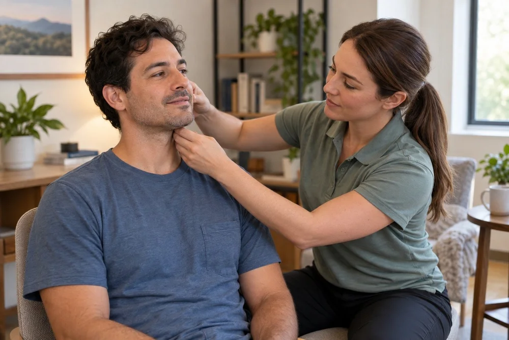 Physical therapist assessing a man's jaw muscles during a TMJ physical therapy evaluation