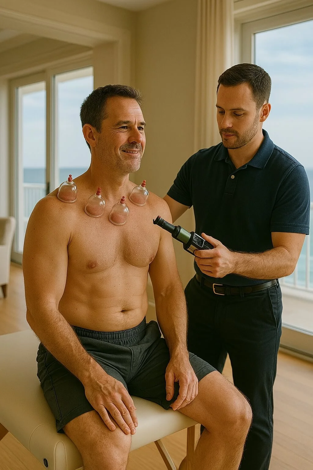 Manual cupping therapy applied to patient’s back for muscle recovery and pain relief in Bonita Springs.