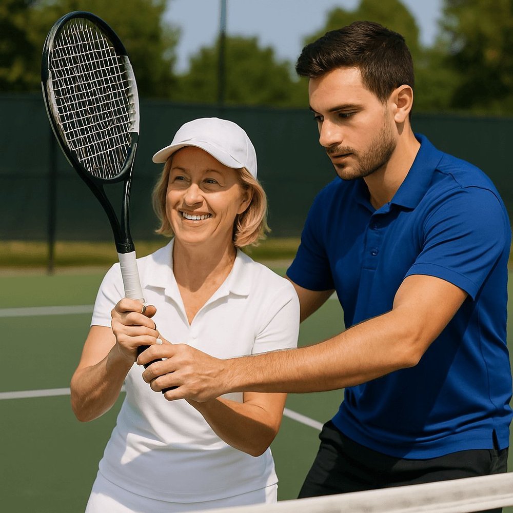 Physical therapist coaching an older woman on her tennis grip on the court