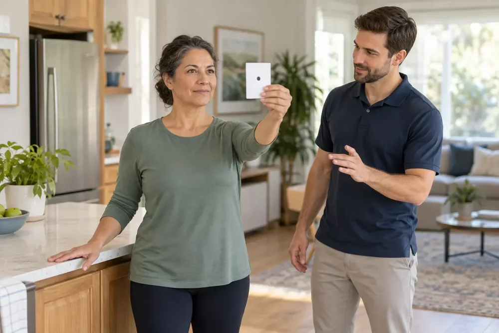 Patient practicing a gaze-stability exercise with a target while a physical therapist coaches her at home