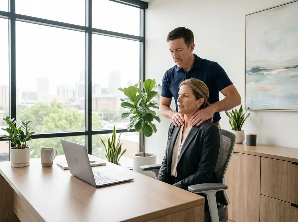 Physical therapist assessing a professional&rsquo;s neck and shoulders at her office desk