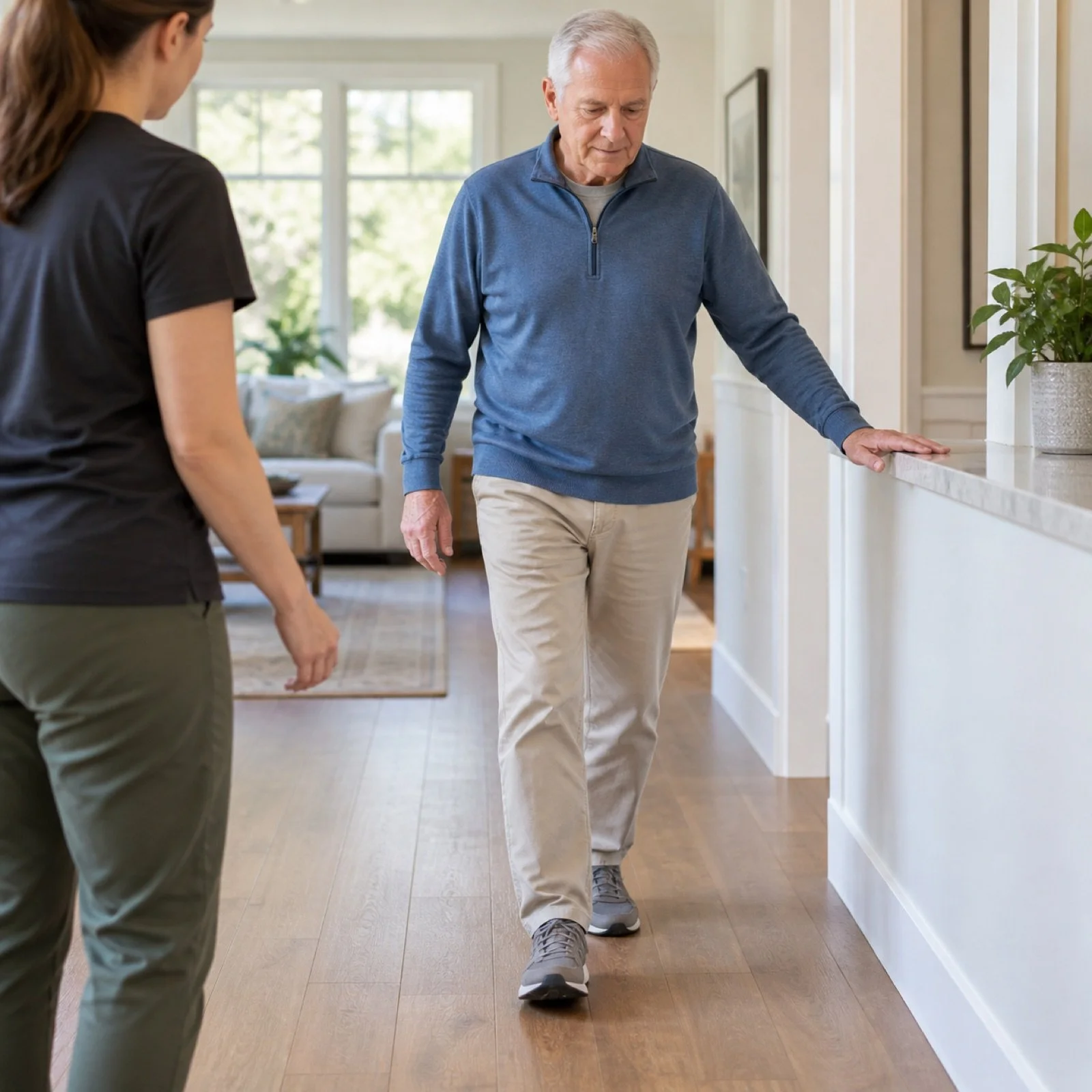 Older adult practicing a balance and walking exercise with a physical therapist at home