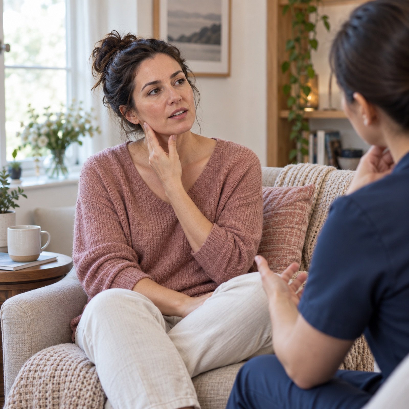 Adult patient discussing jaw tension with a physical therapist in a comfortable home