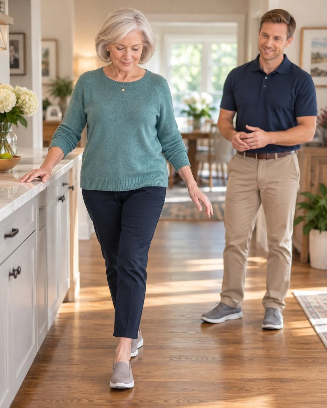 Woman practicing balance and walking exercises at home with a physical therapist