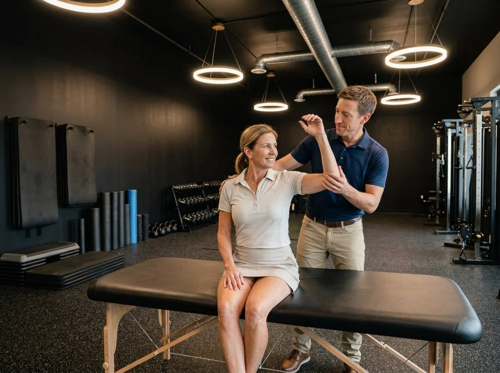 Physical therapist checking a woman golfer&rsquo;s shoulder rotation as she sits on a treatment table in a golf training gym