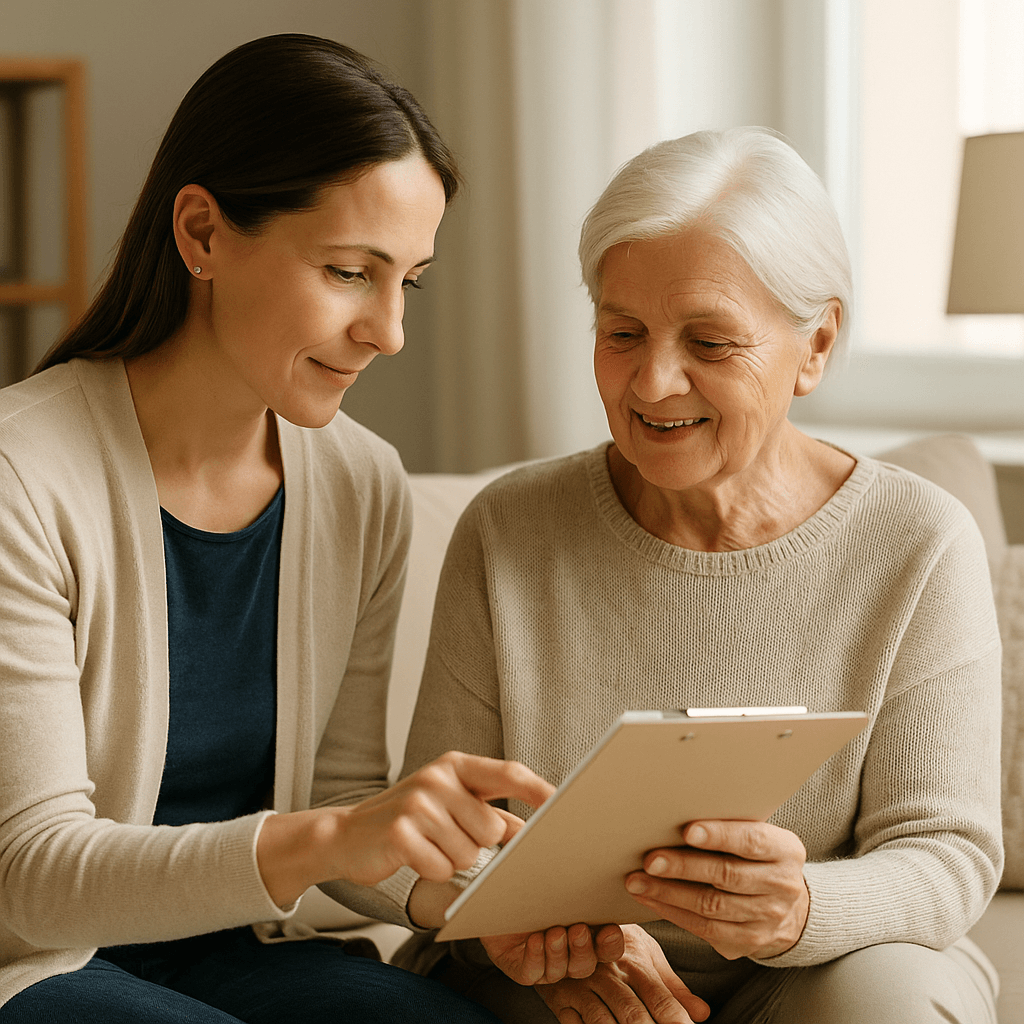 Doctor of Physical Therapy conducting a gait and home-safety assessment for a client experiencing early dementia symptoms.