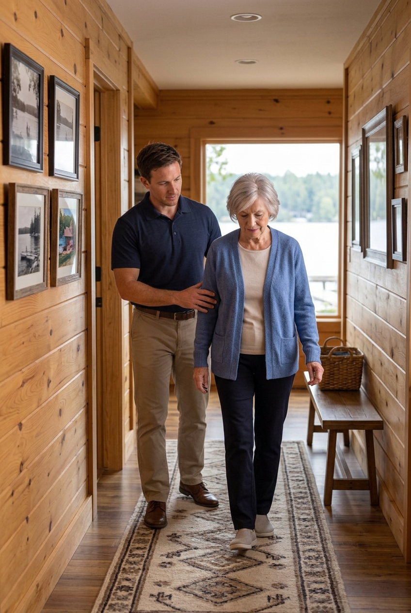 Physical therapist guarding a woman during a balance and walking exercise in the hallway of her lake cottage
