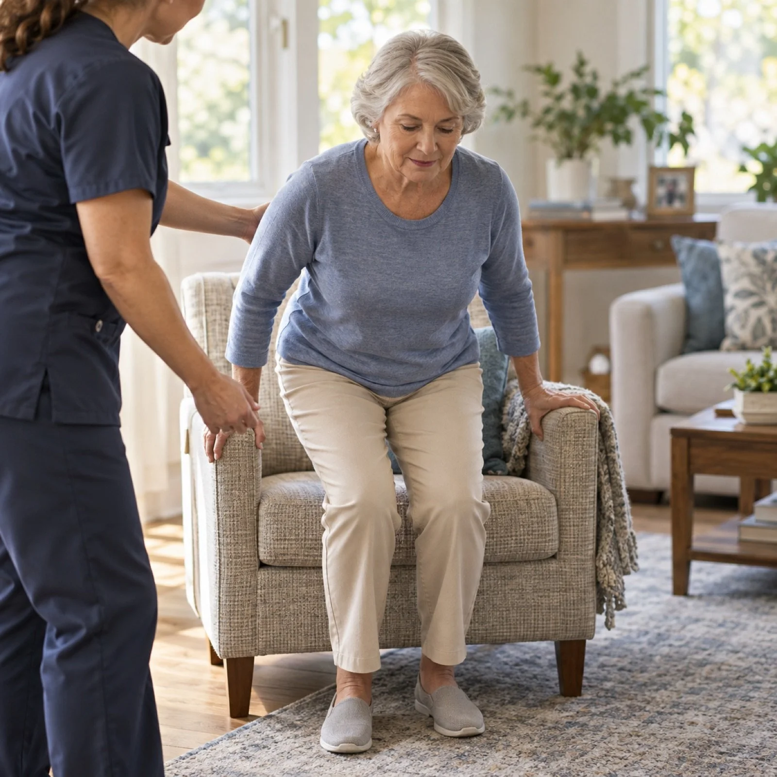 Older adult practicing a safe sit-to-stand movement with a physical therapist at home