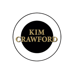 Kim Crawford wines logo with gold text and black circle background with thin black circle around it