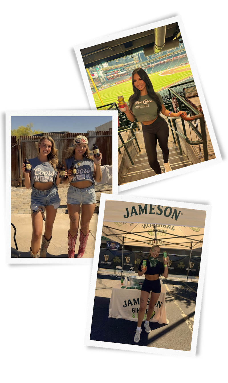 Three framed images of Brand Ambassadors at at outdoor activations promoting Topo Chico Hard Seltzer, Coors Banquet, and Jameson Ginger Lime for a national brand ambassador staffing agency.