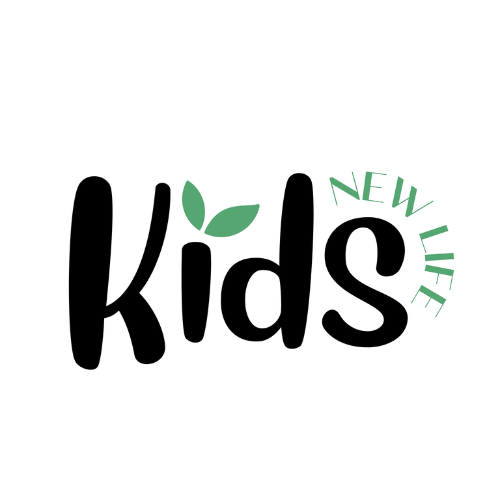 The image features a logo with the words "Kids" in bold black font. The letter "i" is stylized with two green leaves as the dot. Above the letter "s," the words "New Life" are curved in green text.