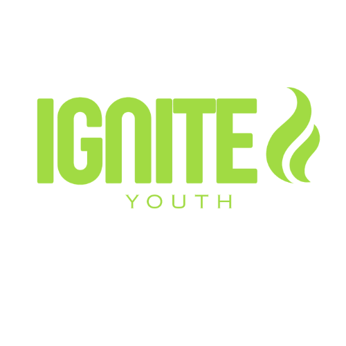 Logo for Ignite Youth with the word 'IGNITE' in large green letters, with two green flame icons to the right, and the word 'YOUTH' in smaller green letters below.