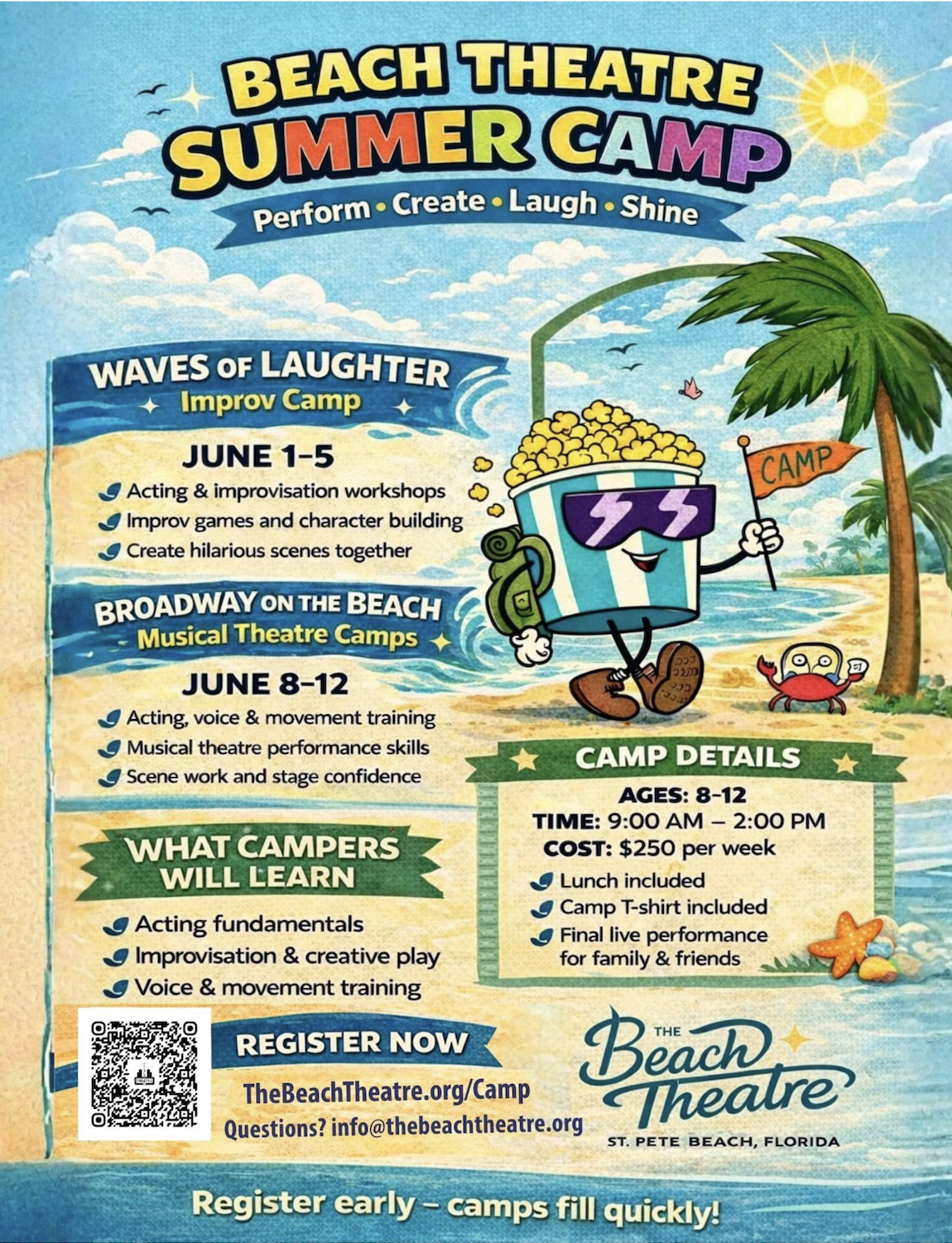 Beach Theatre Summer Camp flyer with improv and musical theatre camps in St Pete Beach, June sessions for kids ages 8 to 12