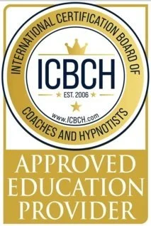 ICBCH logo with gold and navy colors, indicating certified coaches and hypnotherapists, established 2006, with website www.icbch.com and an 'Approved Education Provider' banner.