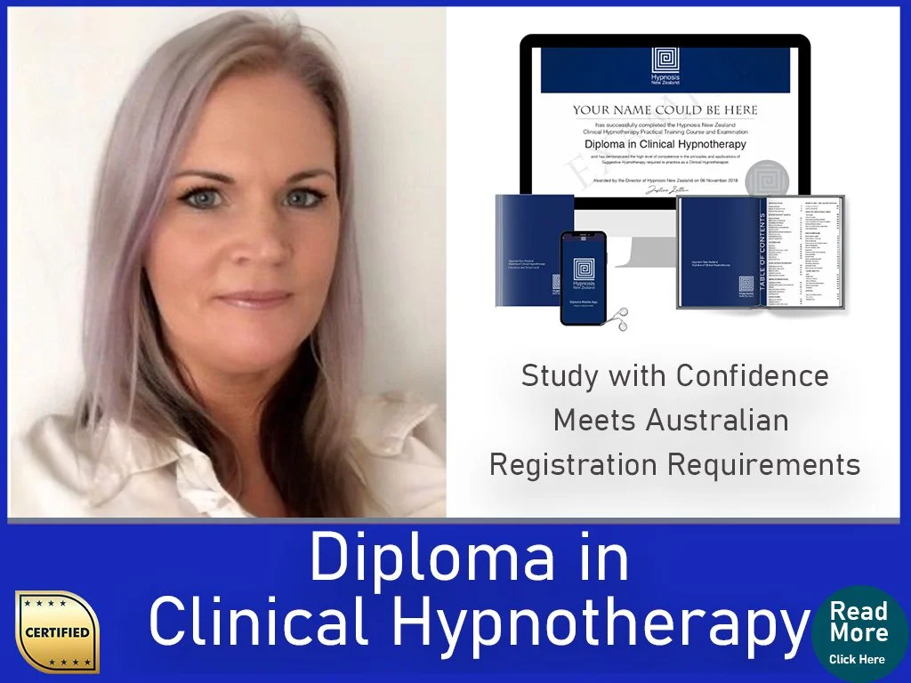 Promotional image for diploma in clinical hypnotherapy program with a woman on the left and course details on the right, including visual representations of digital and printed materials.