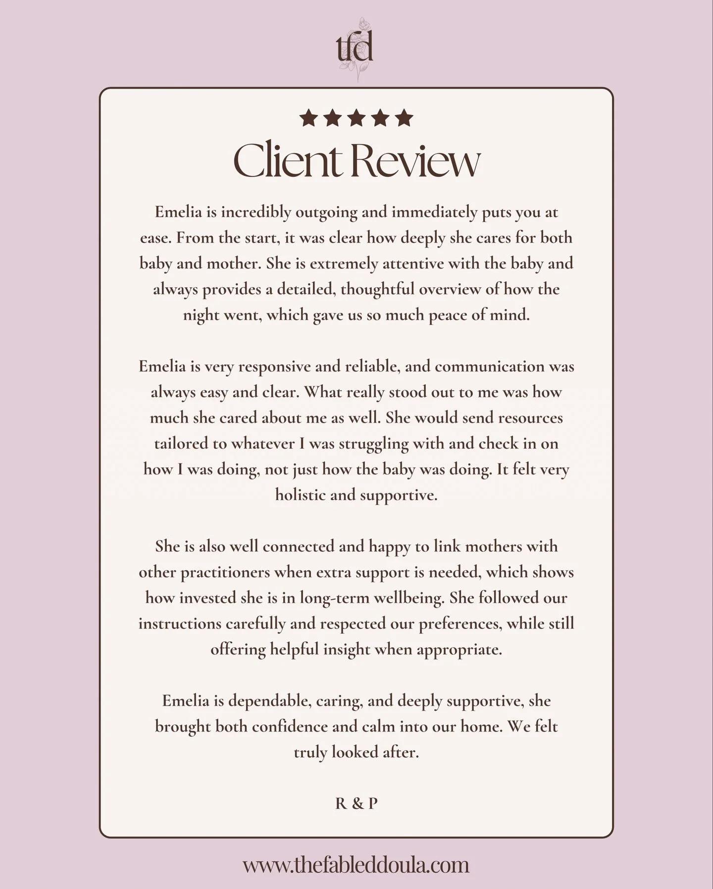 ⭐️Client Review⭐️

There are no words to capture how much these kind sentiments mean to me, I&rsquo;m speechless 🤎

Those early weeks after birth are so vulnerable. You are tired. You are healing. You are learning about your baby. And someone trusti