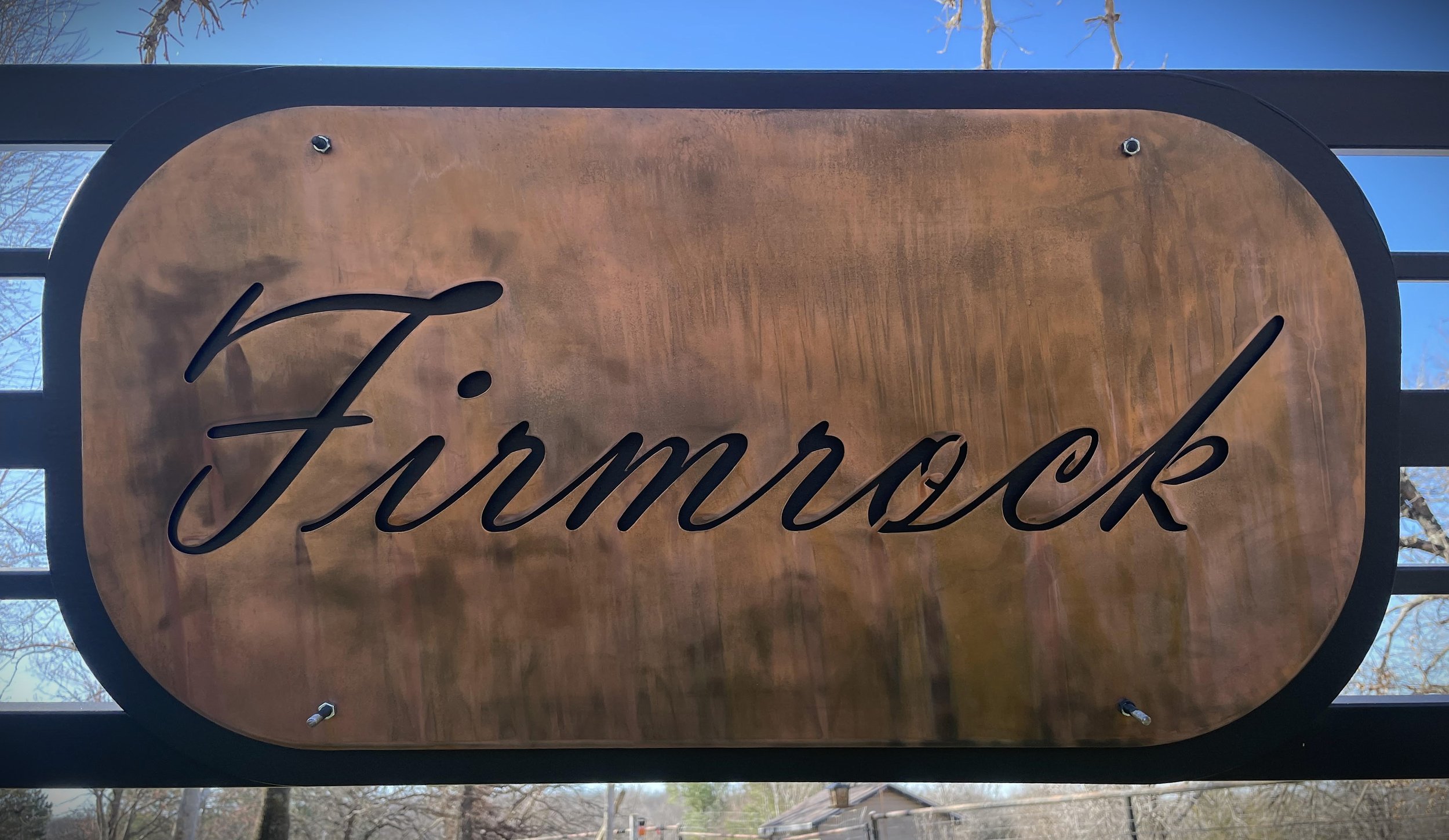 My own personal sign on my gate at home. Aged copper.