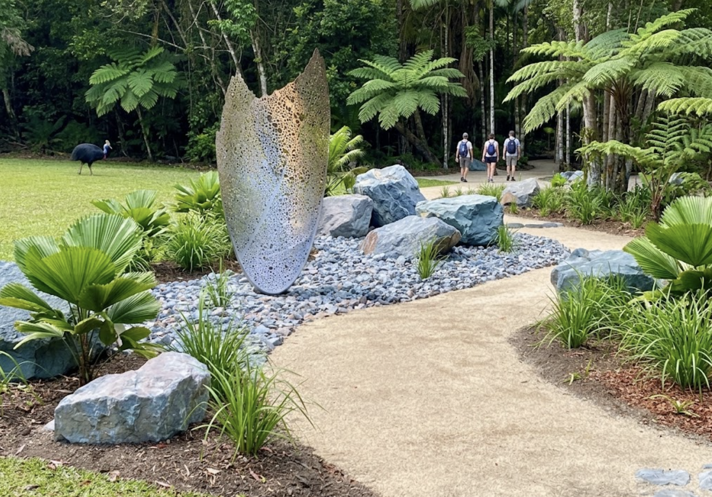 Synthesis, 2025. Recycled marine alloy - 390cm H x 178cm W x 130cm Deep. Goondoi Dreamtime Trail, Cassowary Wetlands QLD.
