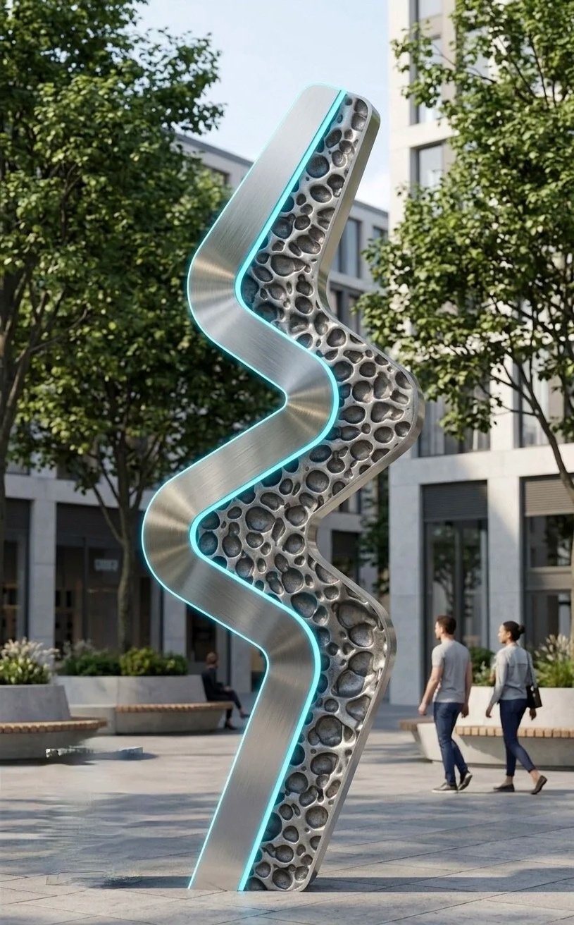 Flow, 2026. Annealed and polished marine alloy, LED coloured strip lighting - 680 x 240 x 110cm (in development).