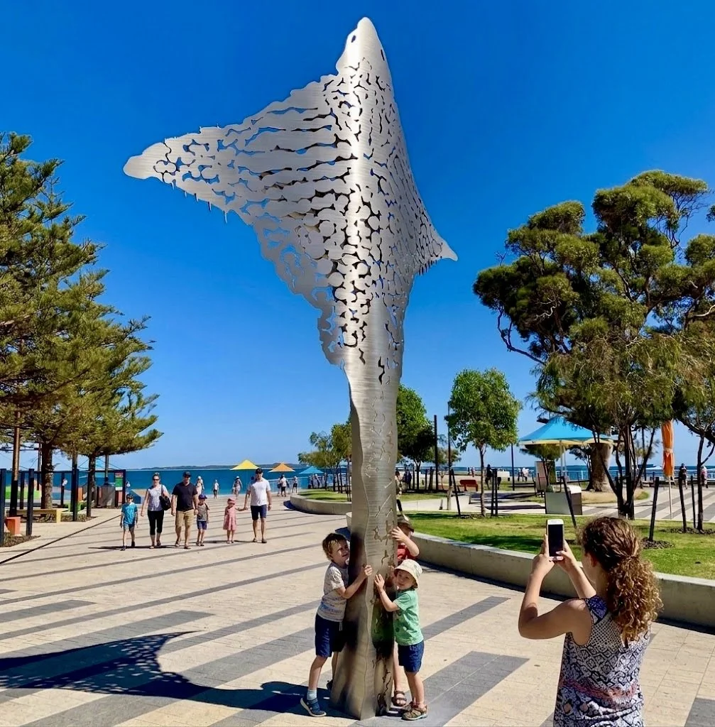 Into The Blue, 2020. Surface treated recycled marine alloy, 2K  paint - 630cm H x 420cm W x 145cm Deep. Foreshore precinct landmark, City of Rockingham, Western Australia.