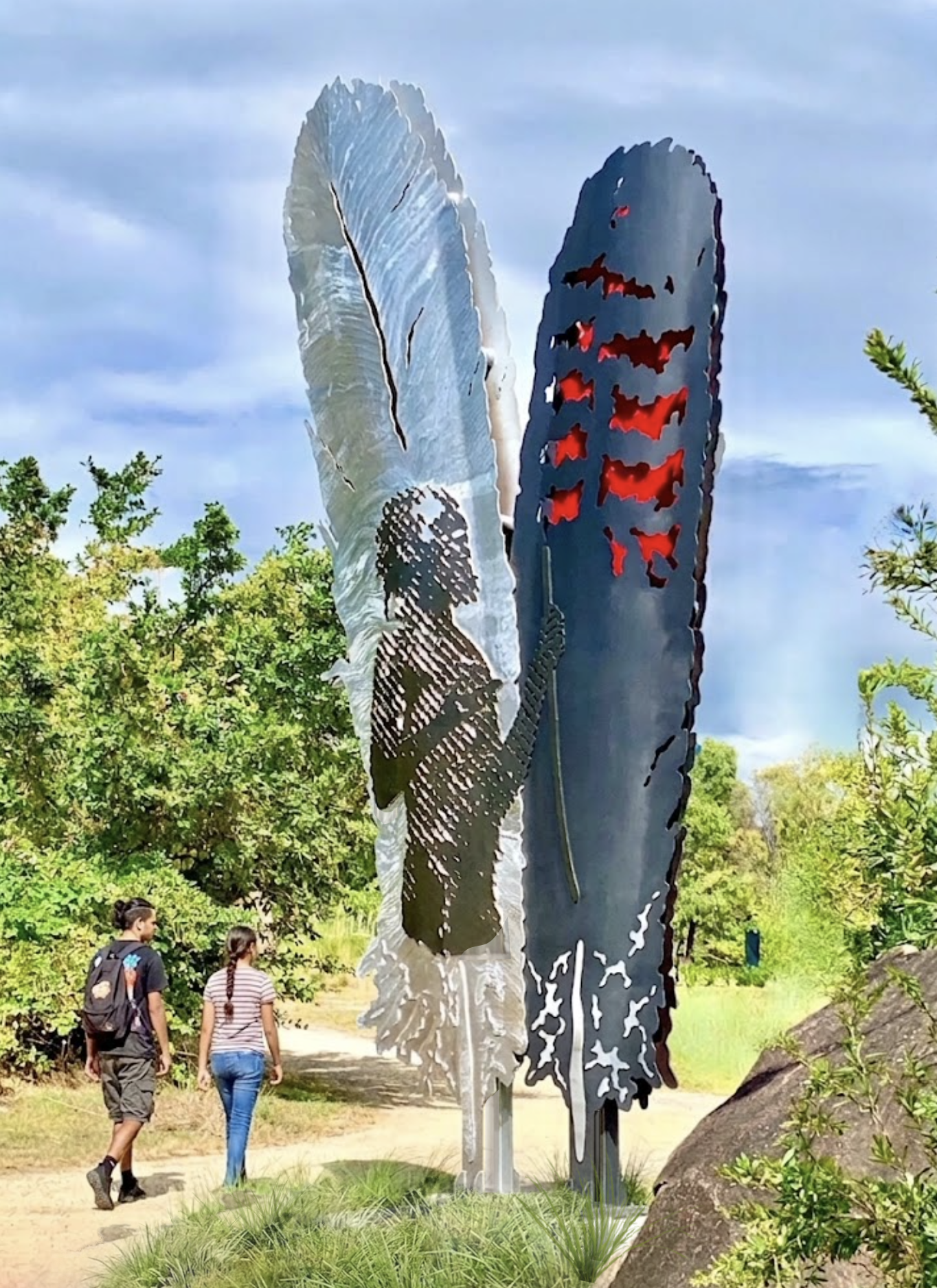 Gulbuuyguh (All Together), 2022. Recycled blackened metal and alloy, 2K paint - 680cm H x 360cm W x 98cm Deep. reconciliation Rocks Cape York.