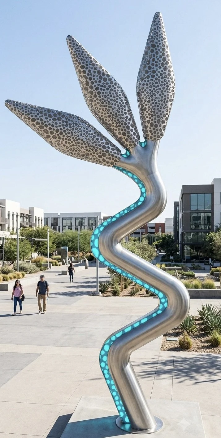 Pod, 2026. Annealed polished marine alloy and coloured LED lighting - 830 x 390 x 210cm (in development).
