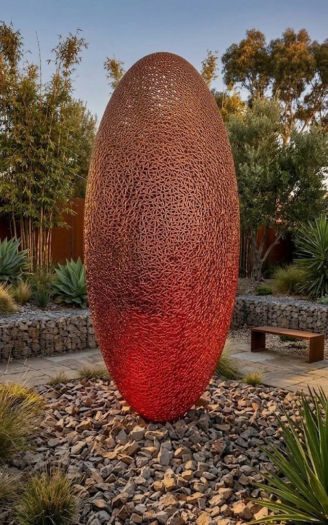 Continuum, 2024. Surface treated recycled 316 stainless steel - 400cm H x 158cm W x 125cm Deep.
