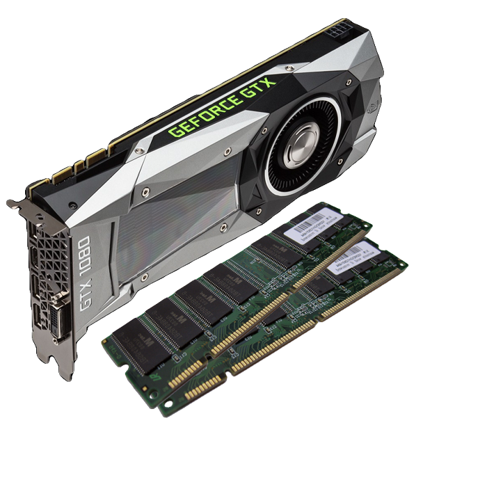 A NVIDIA GeForce GTX graphics card and a RAM memory module.