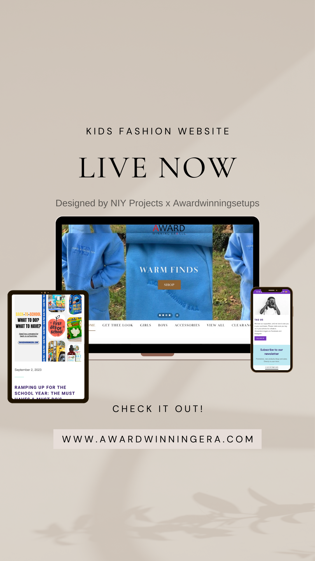 Promotional graphic for a kids' fashion website called Award Winning Era, featuring images of blue clothing and mobile device screens displaying articles and newsletters, with the website URL www.awardwinningera.com.