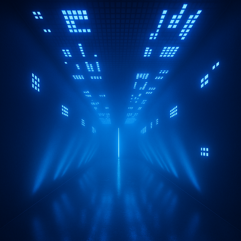 Futuristic hallway with blue LED digital patterns on the ceiling and walls, illuminated and reflecting on a smooth floor.