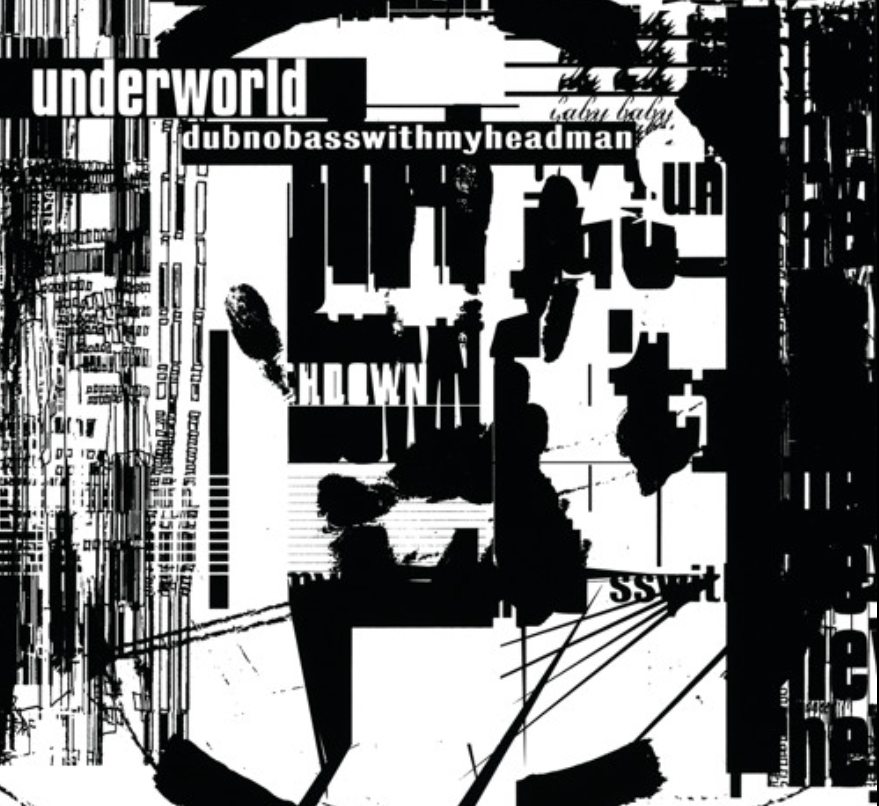 Black and white abstract collage with overlapping text and shapes, including words like "underworld," "dubnobasswithmyheadman," and "SHOW."