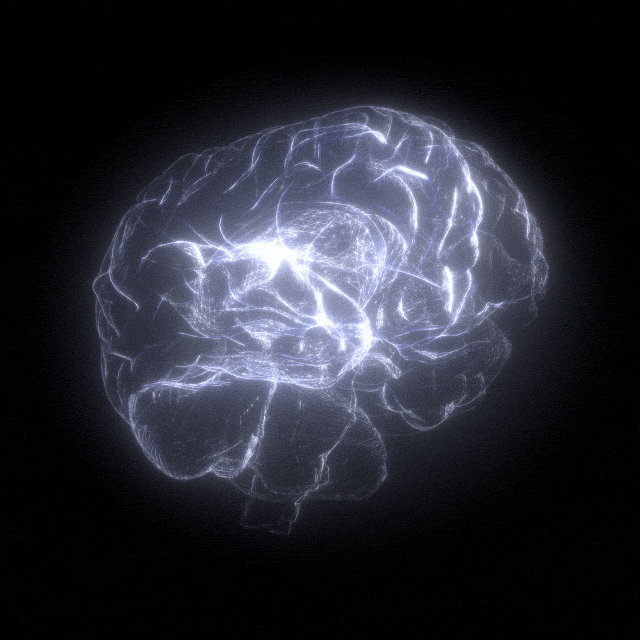Digital illustration of a glowing human brain with neural connections, on a black background.