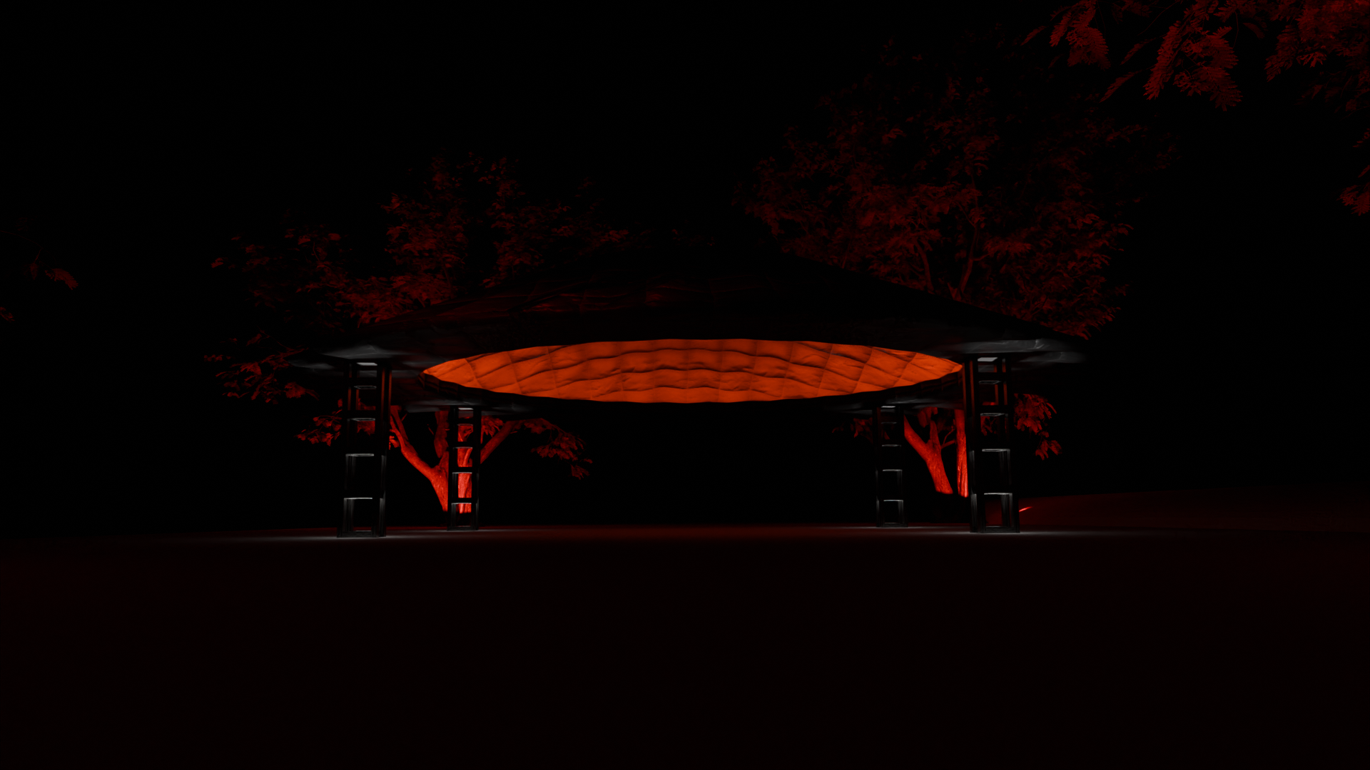 A domed like structure spanning 10 feet in diameter illuminated with orange lighting, set against a dark night sky with red-lit trees in the background.