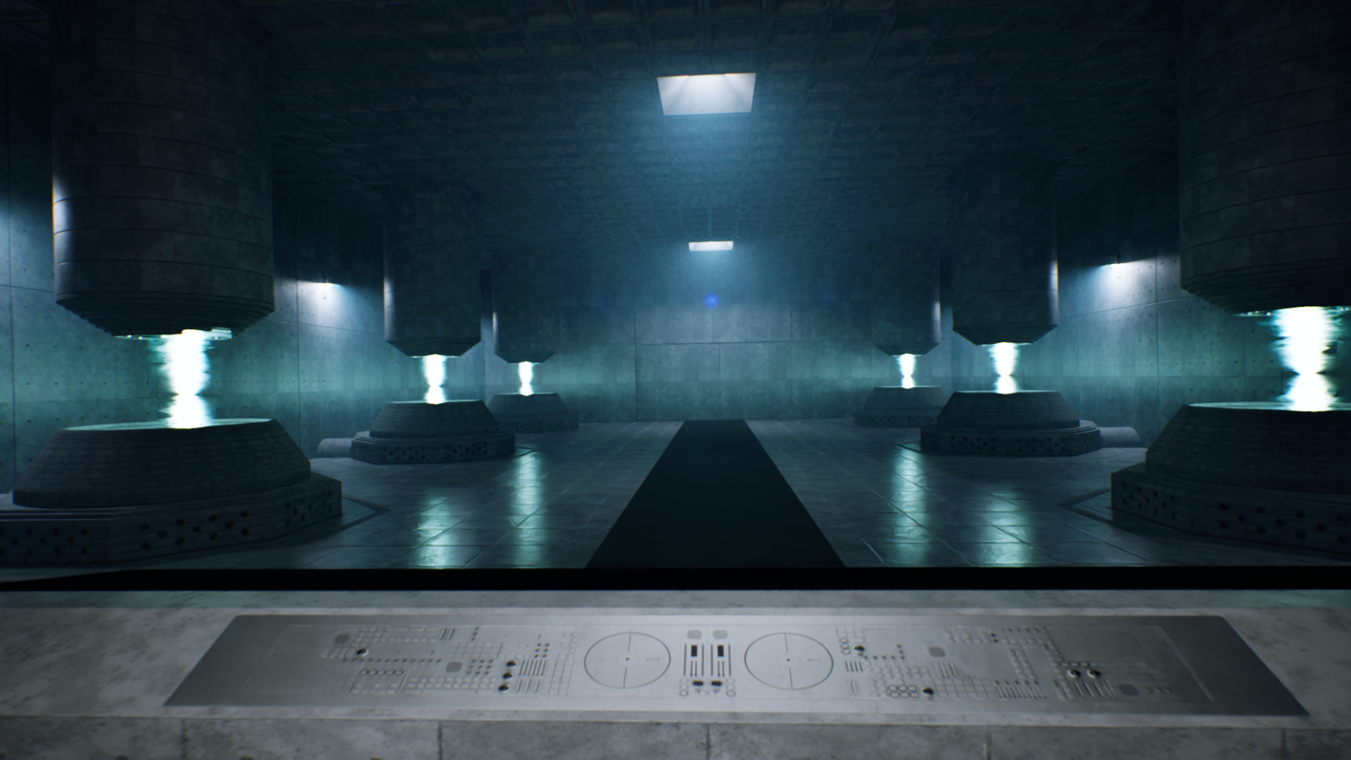 Futuristic underground bunker or laboratory with metallic tanks emitting electricity, viewed from a control panel in the foreground, with a foggy corridor illuminated by overhead lights in the background.