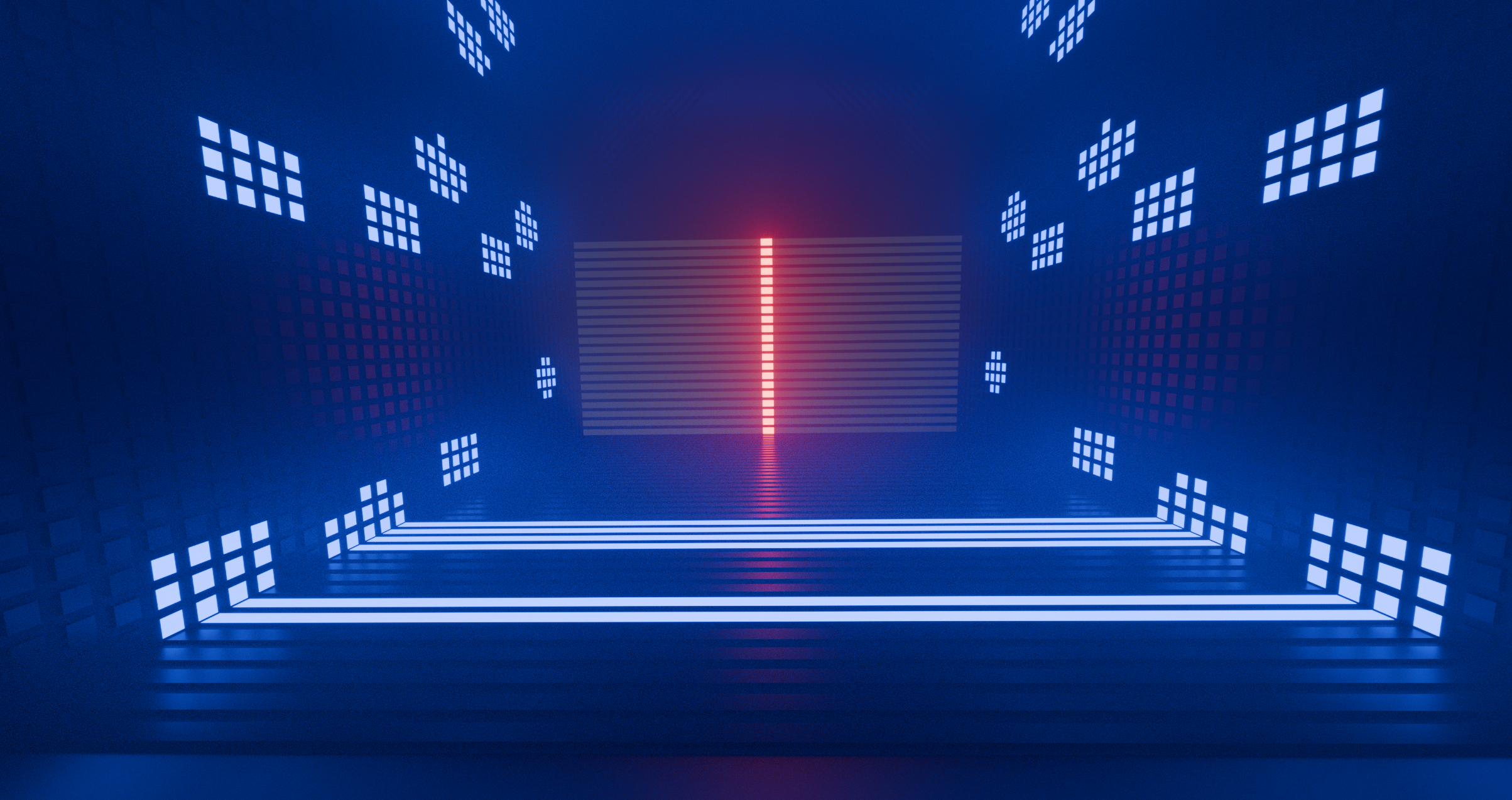 Digital futuristic corridor with blue grid walls and floor, illuminated by blue and red glowing lights.