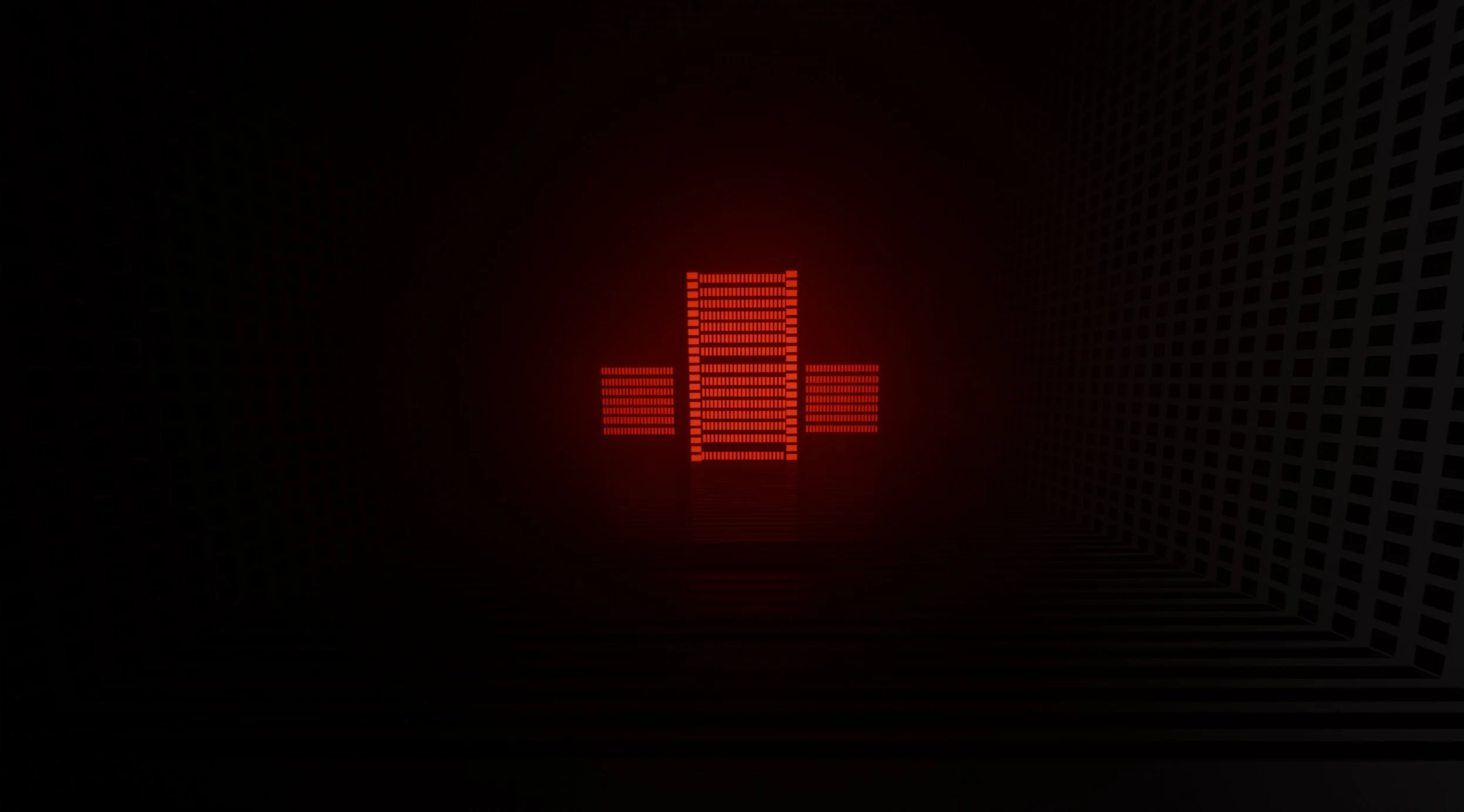 Red digital cross symbol glowing in a dark tunnel with patterned walls.