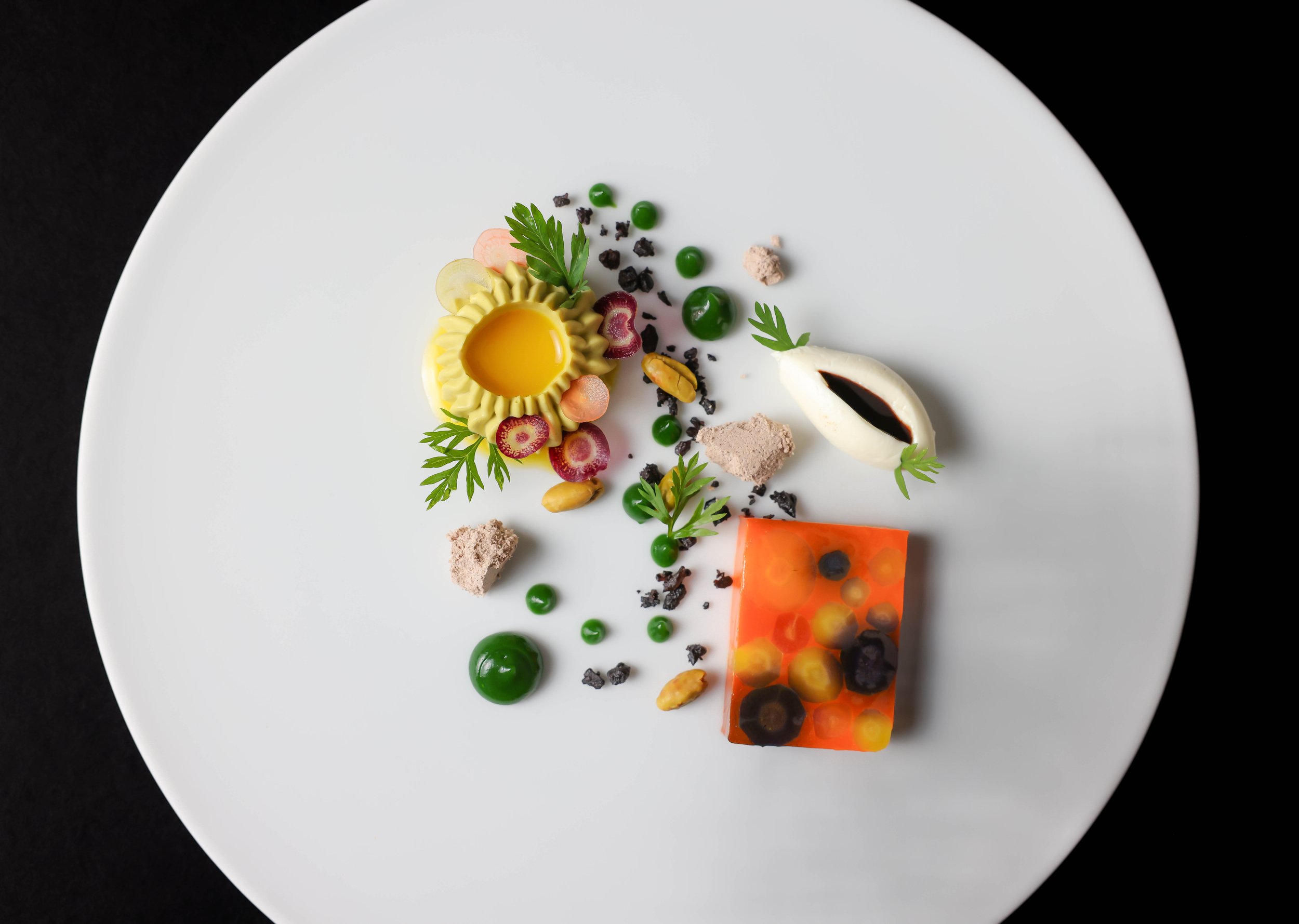 Chef Duffy's carrot terrine with black olive powder, pistachio puree and yuzu 3.jpg