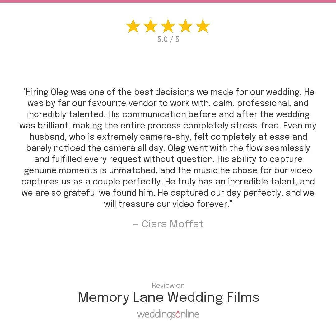 A five-star review with a 5.0 out of 5 rating, featuring a customer testimonial praising wedding videographer Oleg, followed by a review of Memory Lane Wedding Films from Weddings Online.