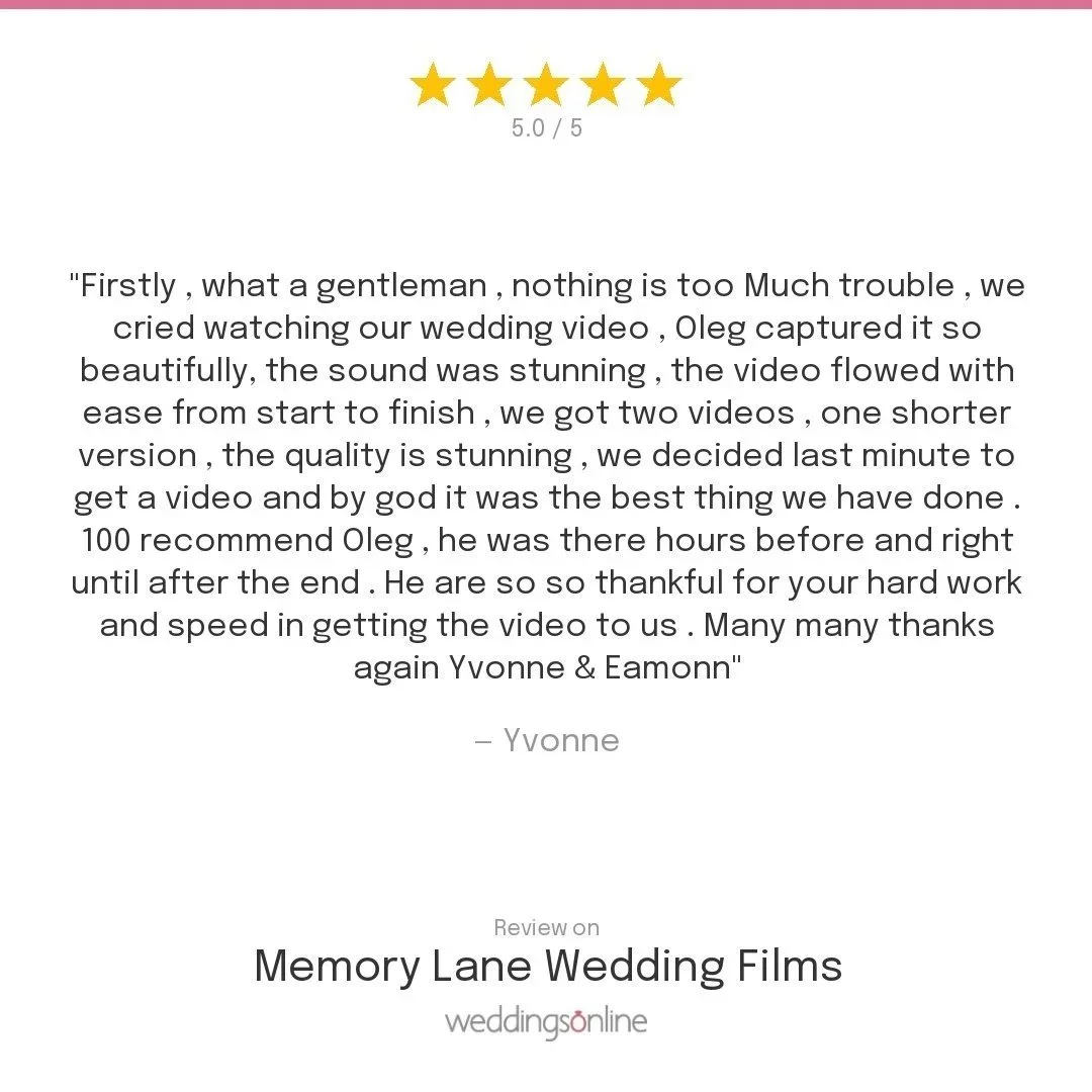 Review with five gold stars and five-star rating. The review praises Oleg for capturing a wedding video beautifully with stunning sound and quality. The customer appreciates Oleg's dedication, quick delivery, and highly recommends him. The review is signed by Yvonne, and it is for Memory Lane Wedding Films on WeddingsOnline.