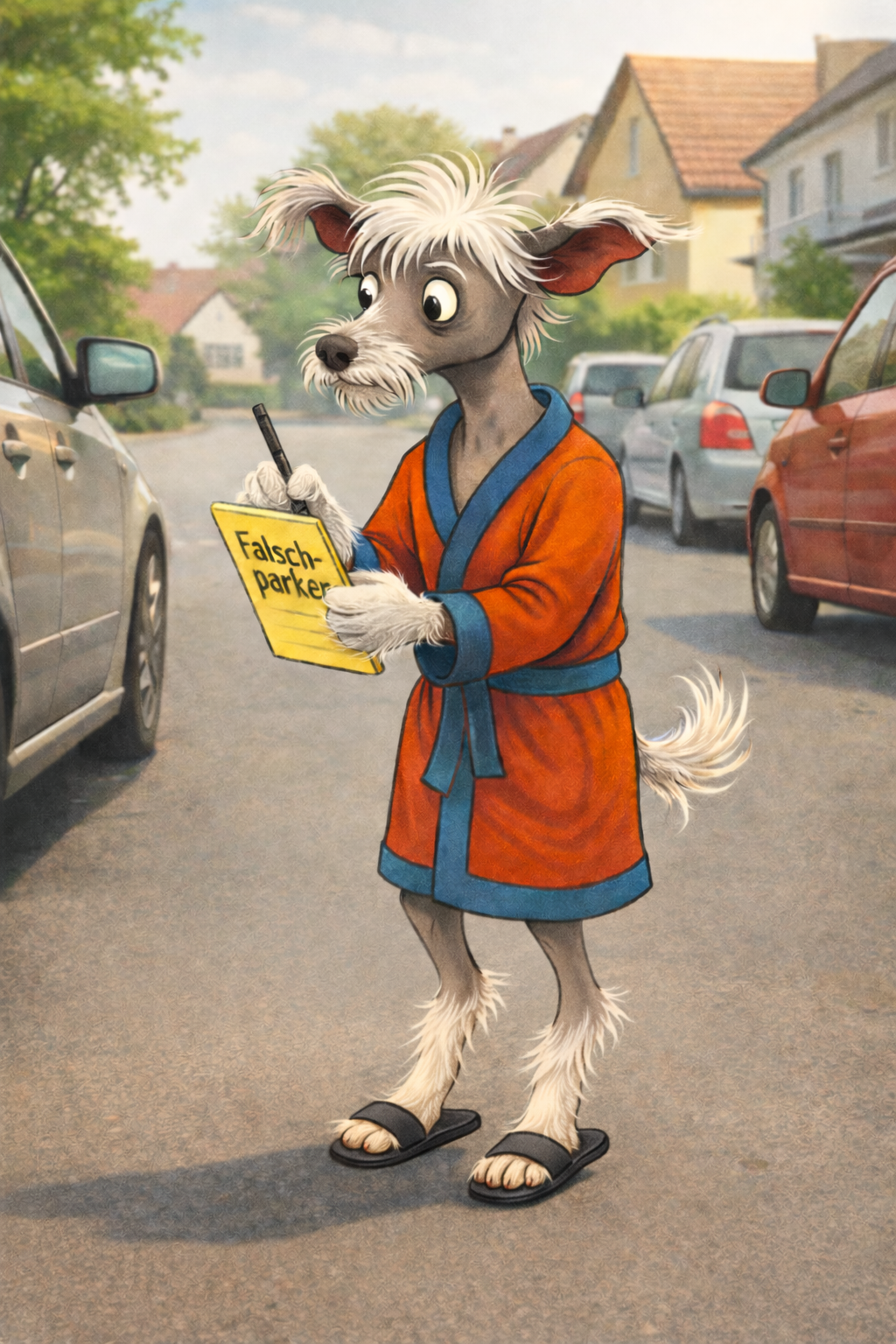 Hund im Badeumhang schreibt Strafzettel.png